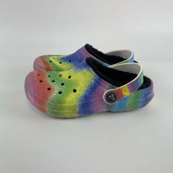 Crocs Faux Fur Lined Clog Spray Multicolored Tie Dye 208081 Slip On Kid Junior 3 - Picture 2 of 12